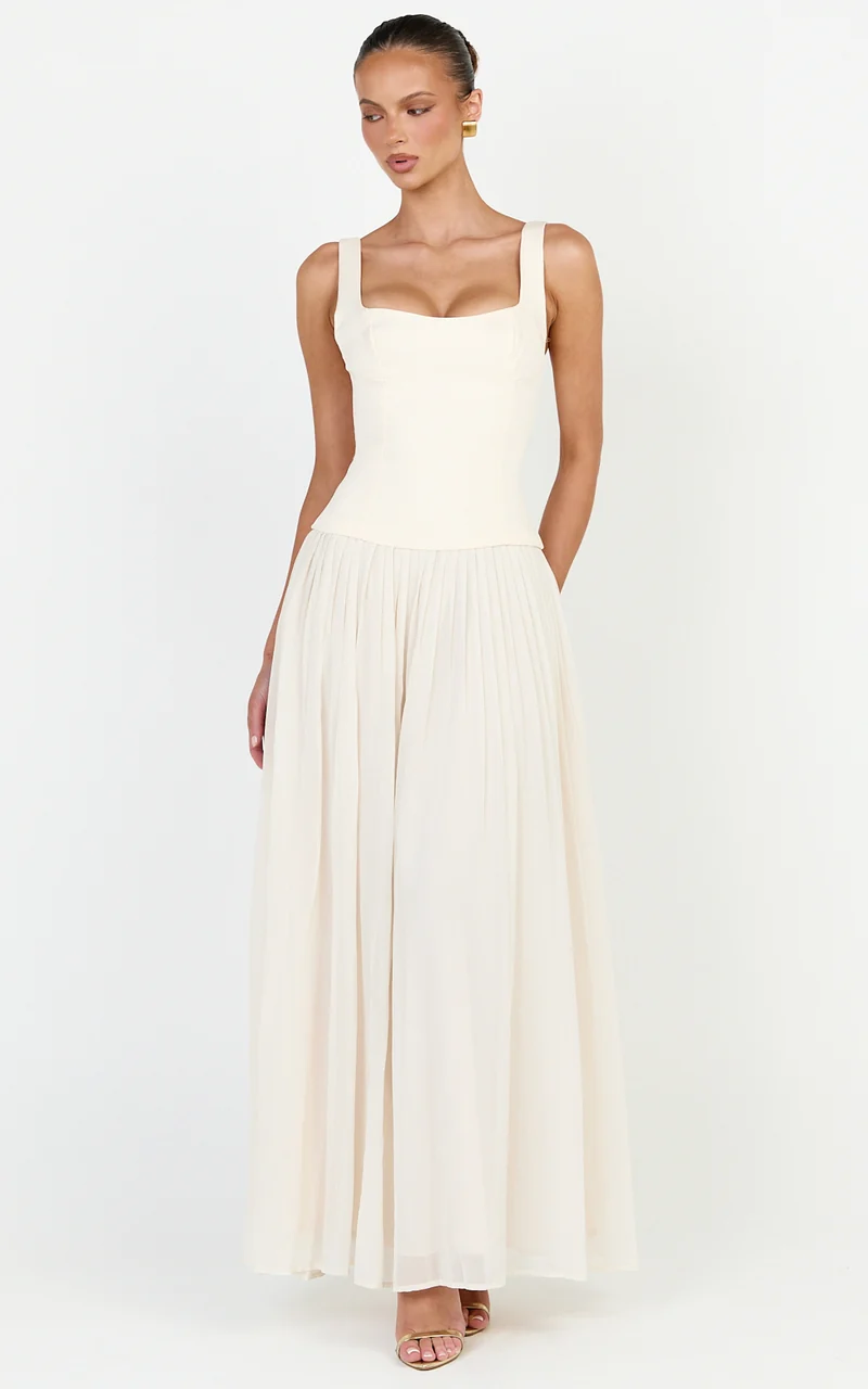 Amoura Maxi Dress - Square Neck Contrast Pleated Georgette Dress in Cream