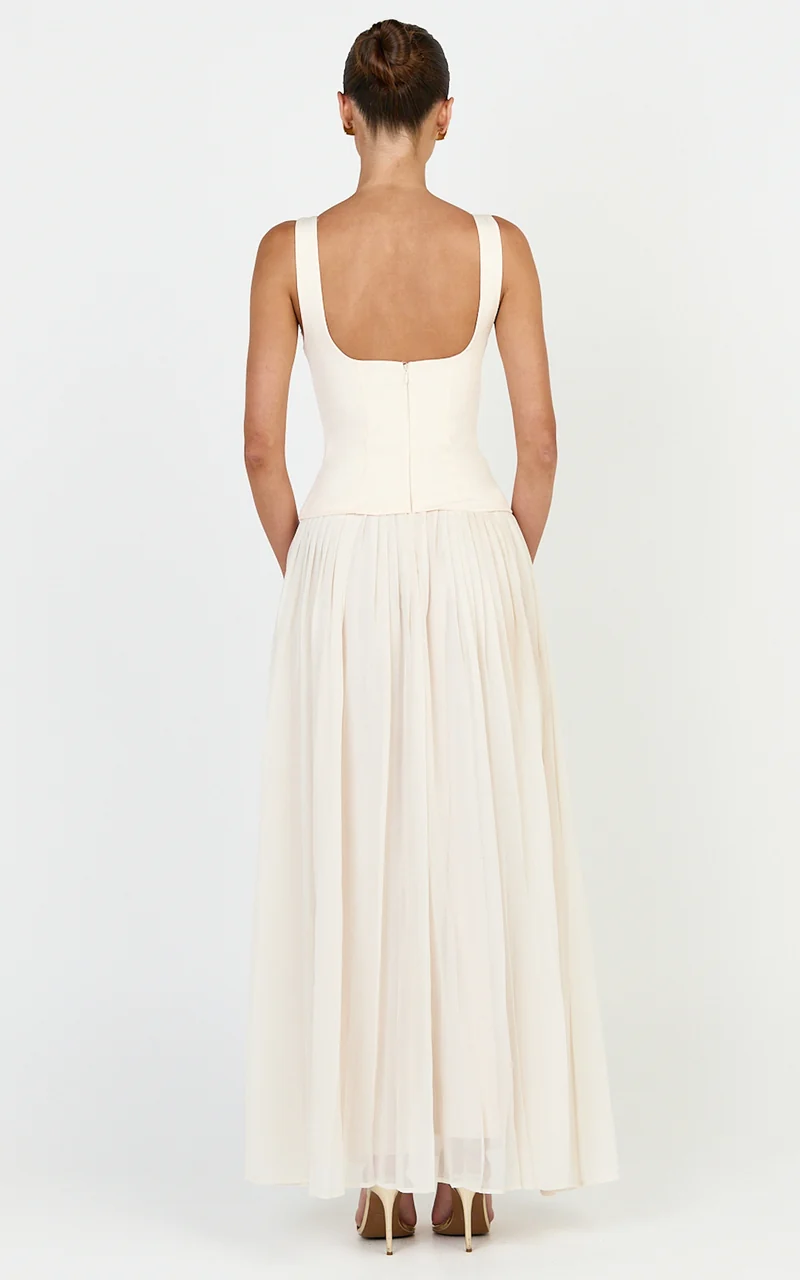 Amoura Maxi Dress - Square Neck Contrast Pleated Georgette Dress in Cream