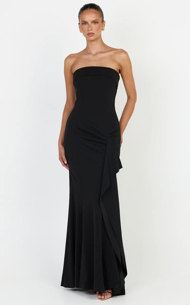 Leda Maxi Dress - Strapless Waterfall Sash Dress in Black