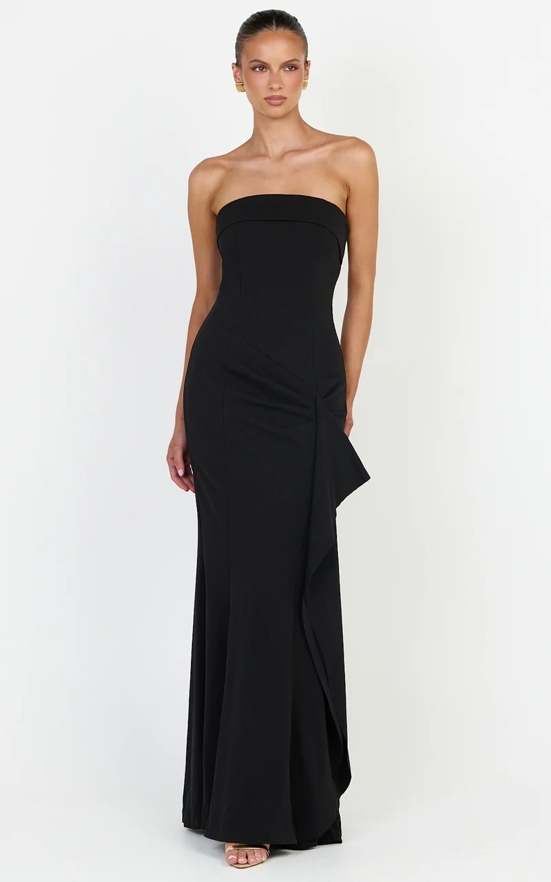 Leda Maxi Dress - Strapless Waterfall Sash Dress in Black