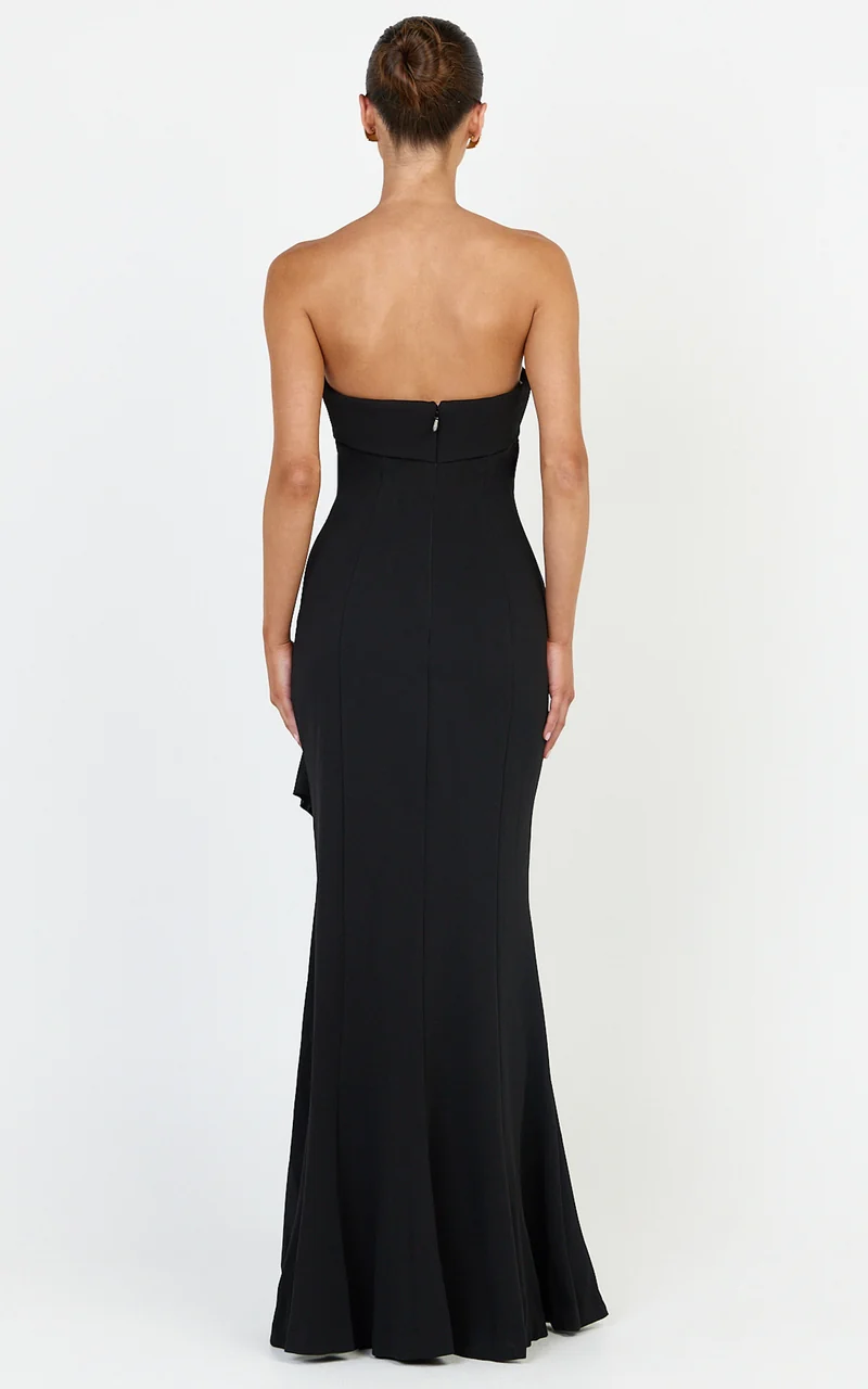 Leda Maxi Dress - Strapless Waterfall Sash Dress in Black
