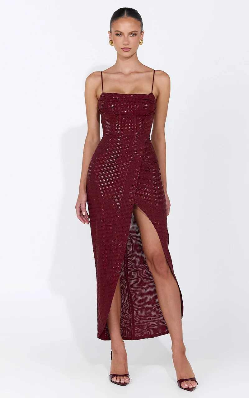 Emmeline Midi Dress - Hotfix Diamante Corset Bodice Dress in Wine