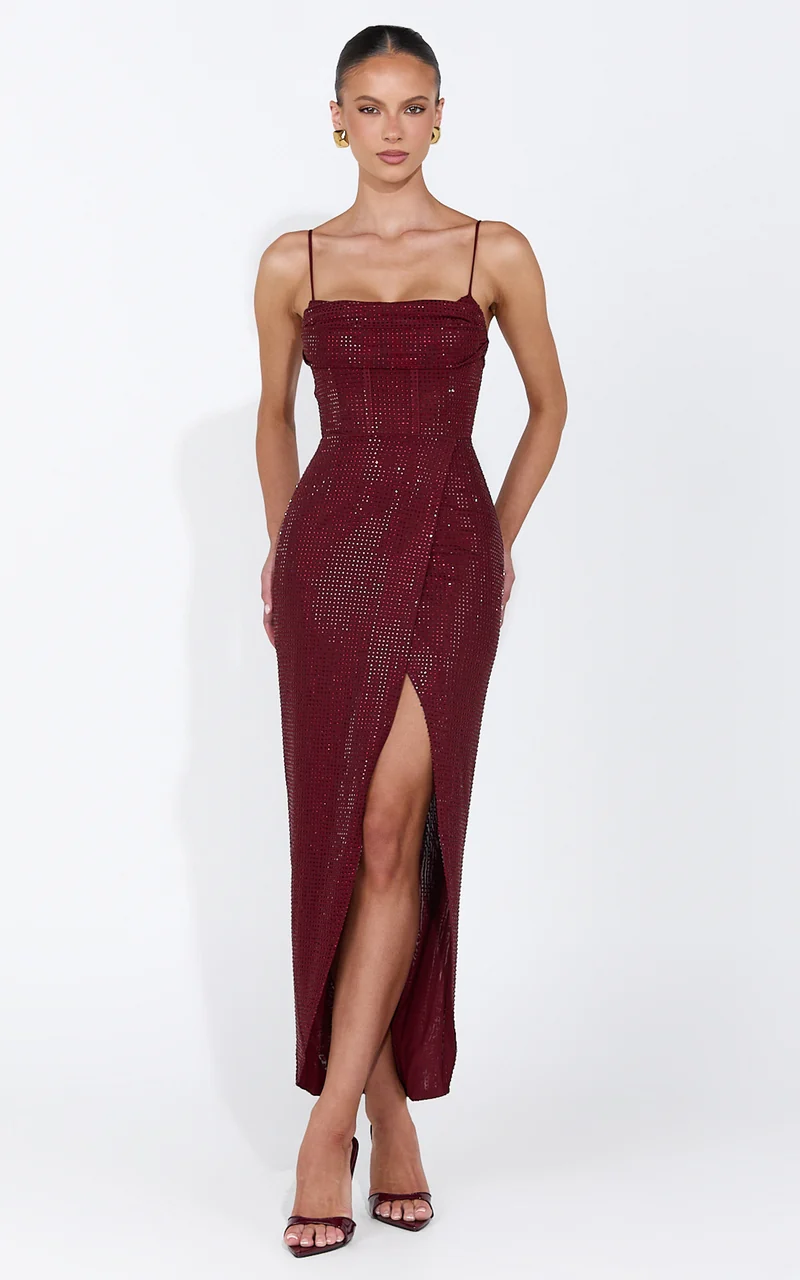 Emmeline Midi Dress - Hotfix Diamante Corset Bodice Dress in Wine