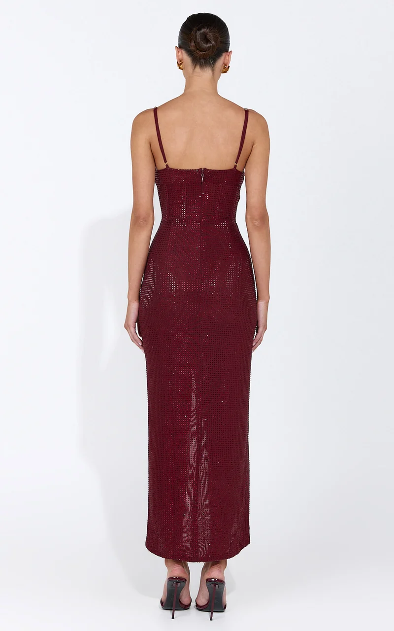 Emmeline Midi Dress - Hotfix Diamante Corset Bodice Dress in Wine