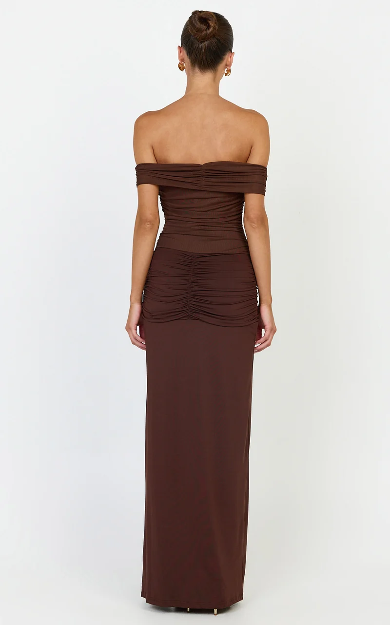 Vienna Maxi Dress - Off Shoulder Gathered Bodice Dress in Chocolate