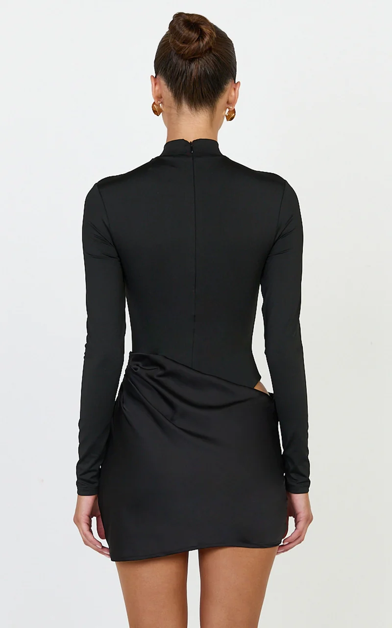 Naomi Mini Dress - Long Sleeve Draped Skirt Dress in Black