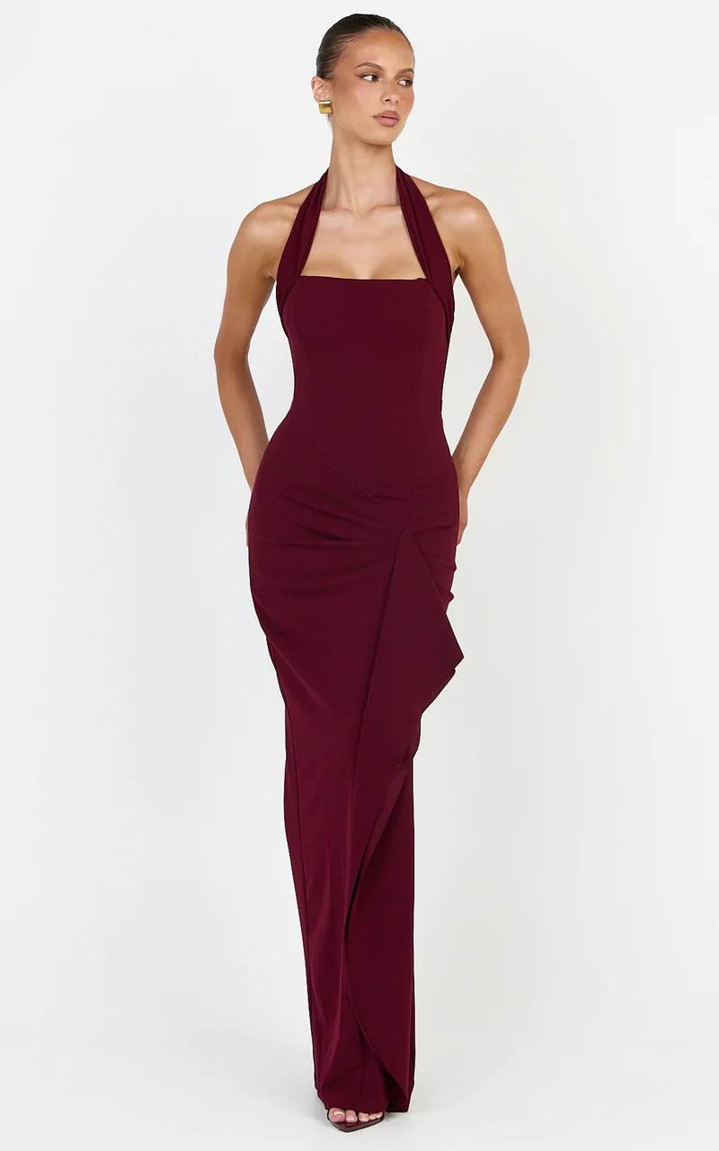 Lyra Maxi Dress - Halter Neck Waterfall Sash Dress in Wine