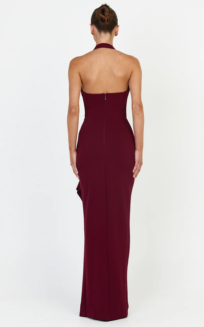 Lyra Maxi Dress - Halter Neck Waterfall Sash Dress in Wine