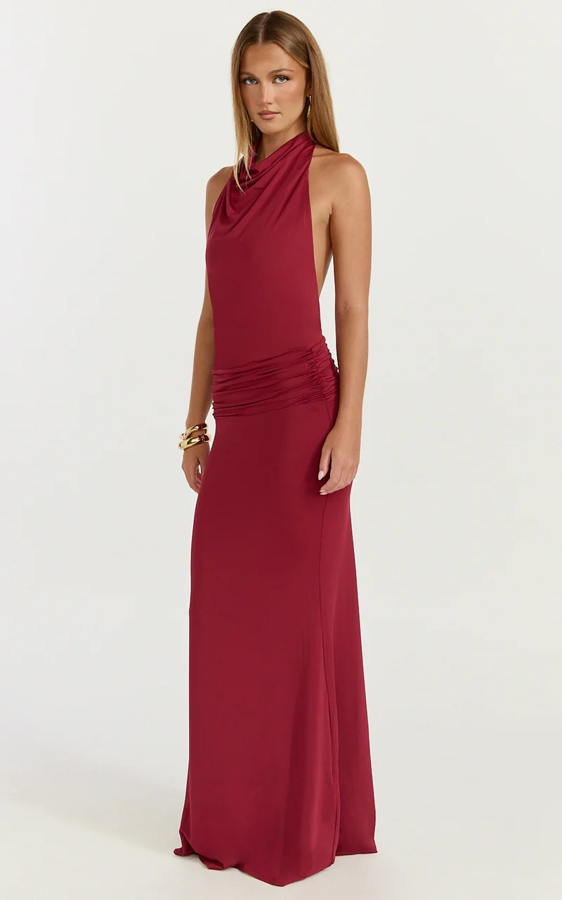 Lizzy Maxi Dress - Backless Ruched Bodycon Dress in Wine