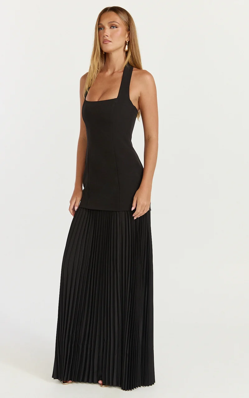 Loretta Maxi Dress - Contrast Halter Neck Pleated Dress in Black