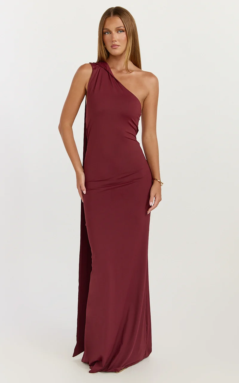Seraphine Maxi Dress - Halter Neck Low Back Fit And Flare Dress in Wine