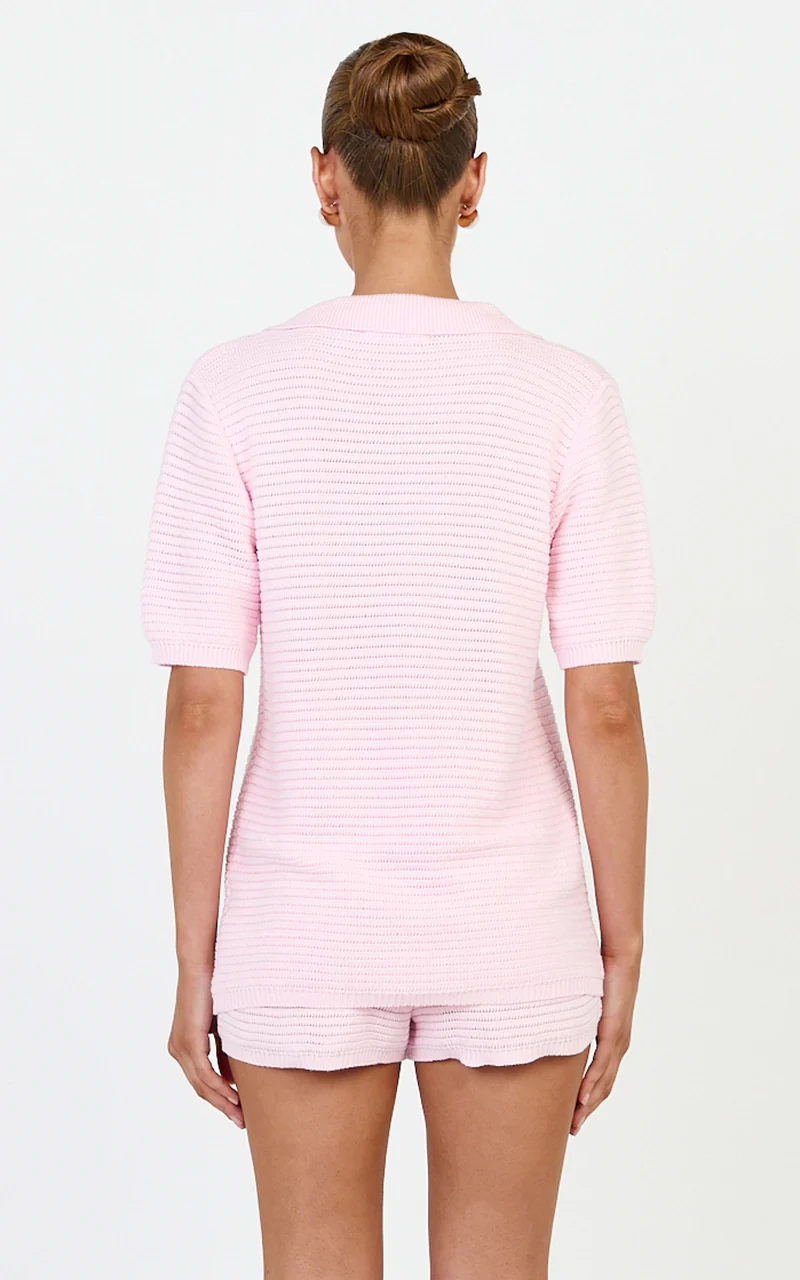 Vivi Two Piece Top and Shorts Set - Crochet Shirt and Shorts Set in Pink
