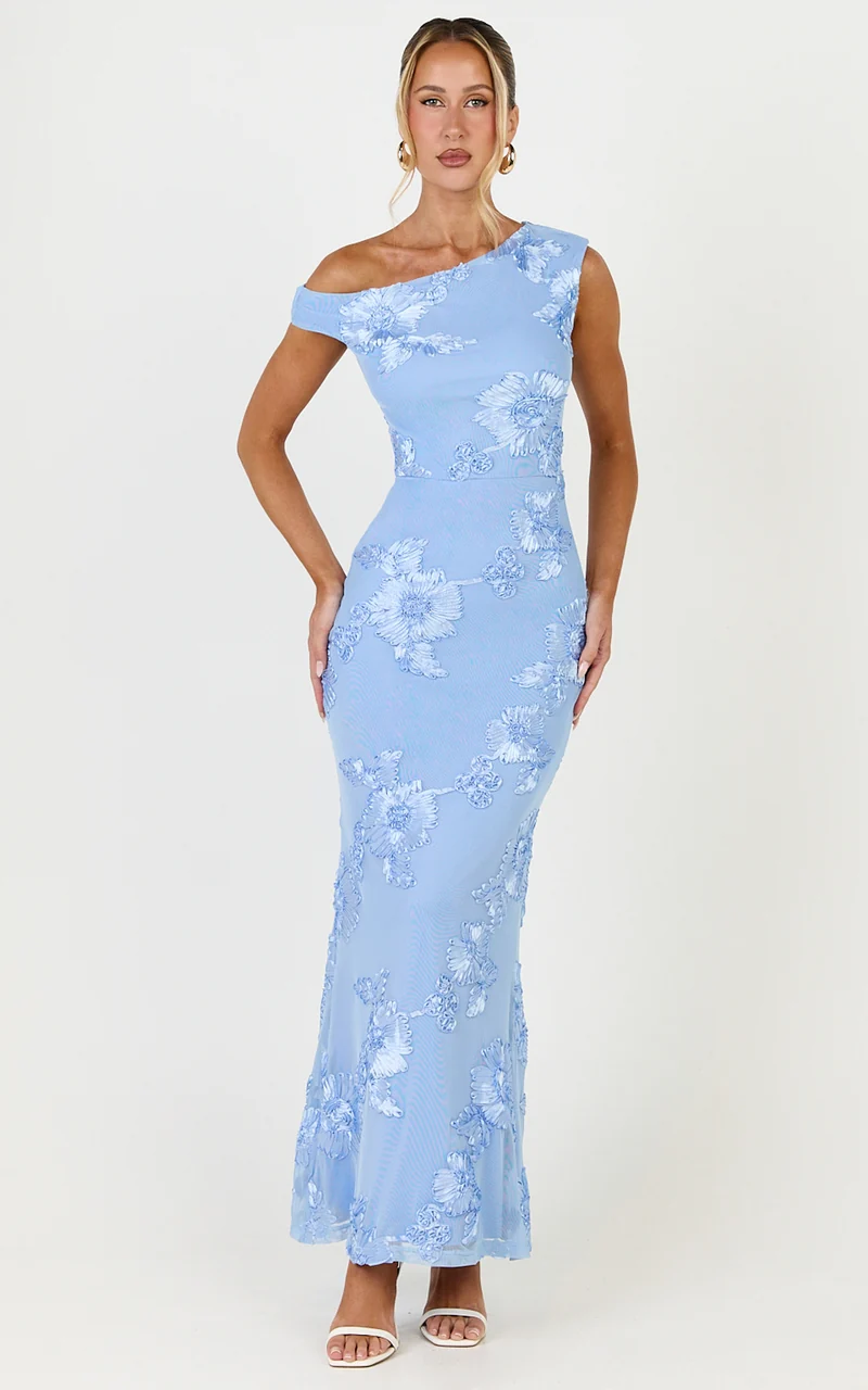 Flora Midi Dress - One Shoulder Dress in Blue