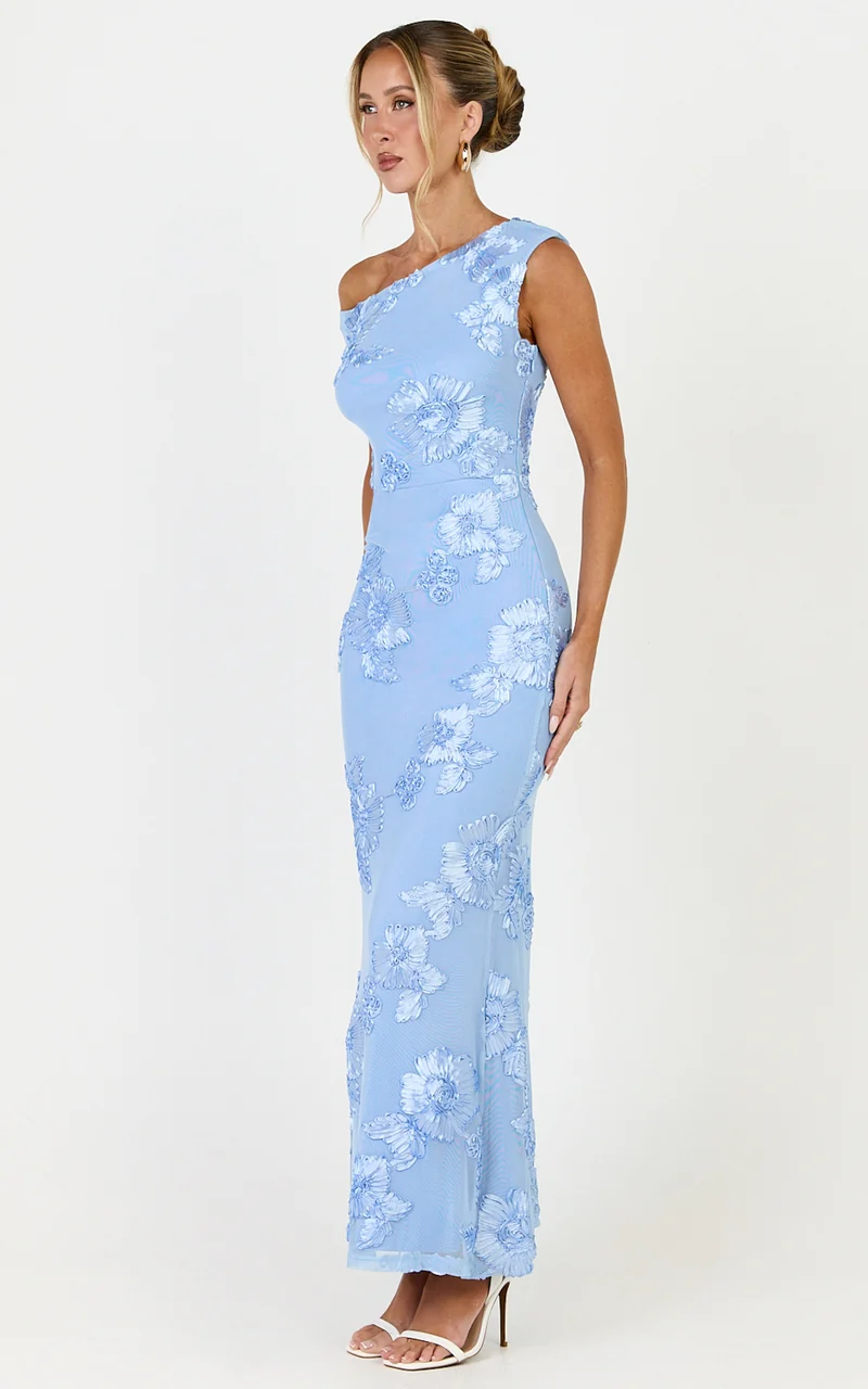 Flora Midi Dress - One Shoulder Dress in Blue