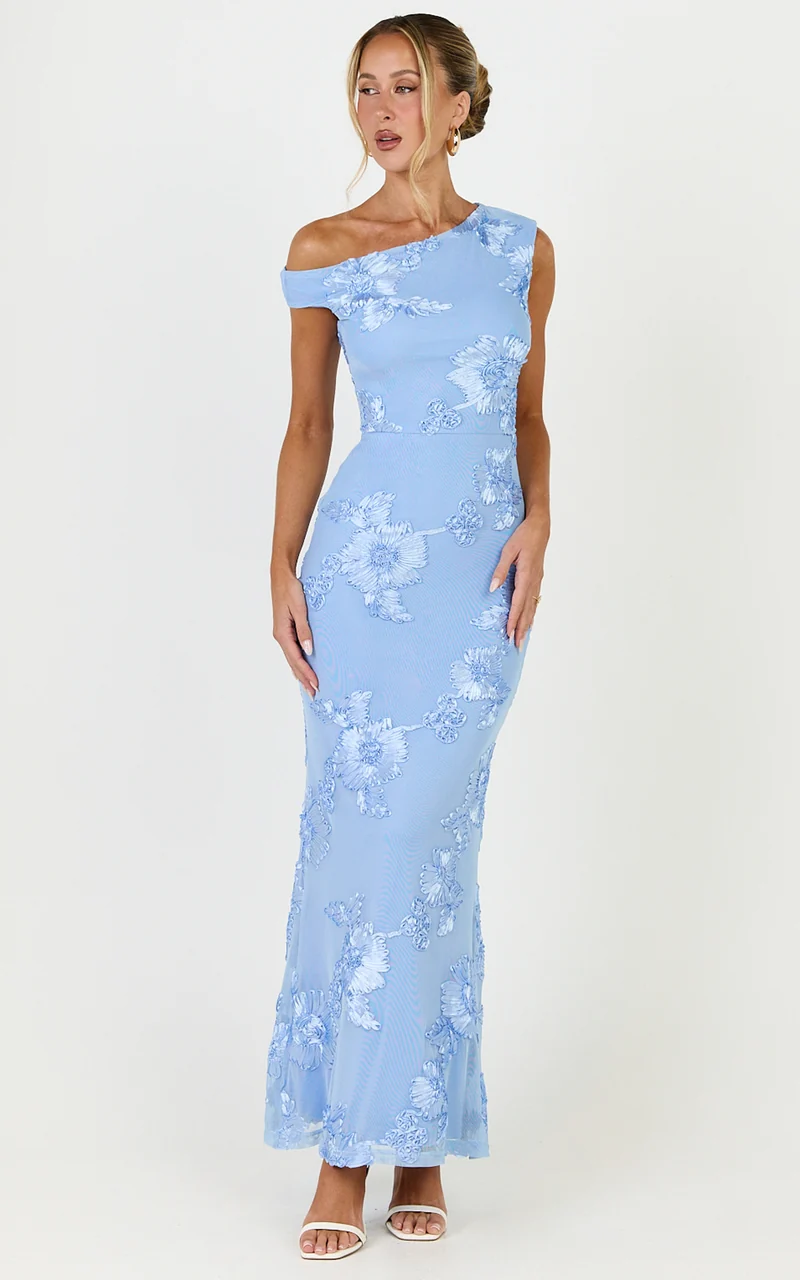 Flora Midi Dress - One Shoulder Dress in Blue