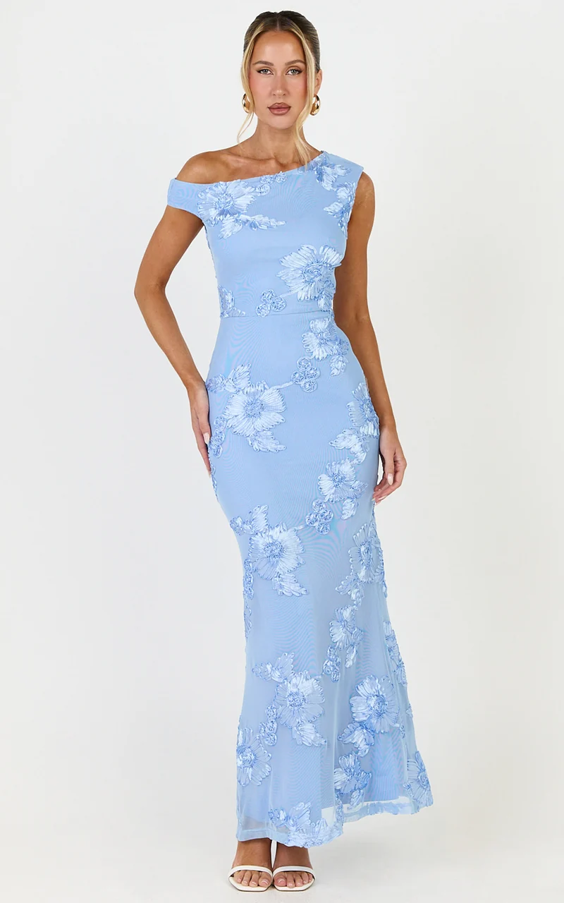 Flora Midi Dress - One Shoulder Dress in Blue