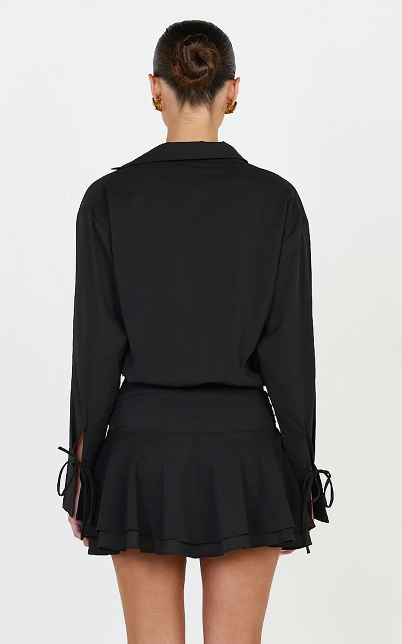 Melanie Mini Dress - Tie Front Long Sleeve Shirt Dress in Black