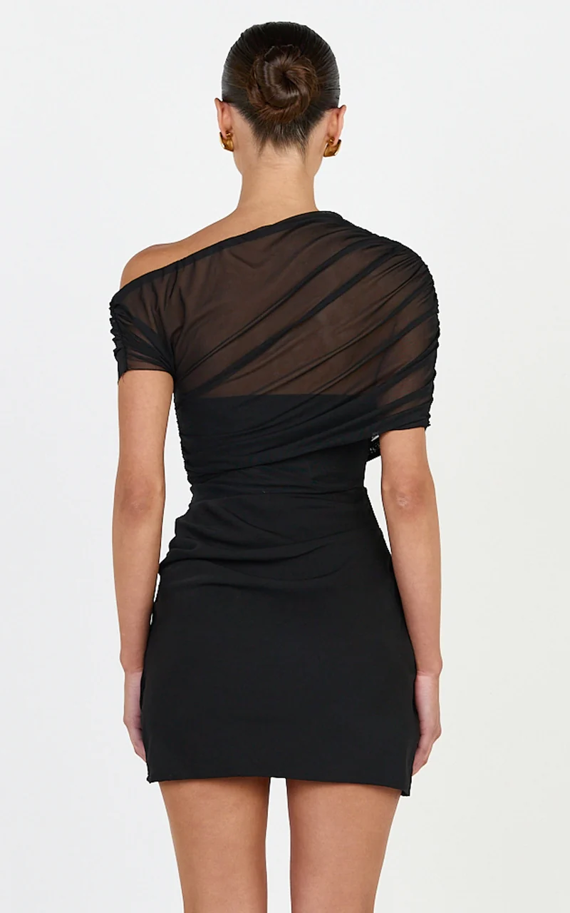 Nami Mini Dress - Overlay Off Shoulder Draped Cowl Waist Dress in Black