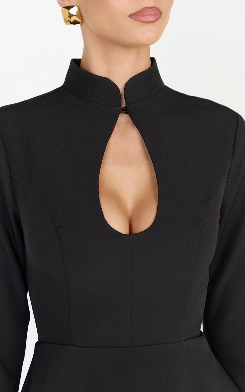 Renee Mini Dress - Long Sleeve Keyhole Fit and Flare Dress in Black
