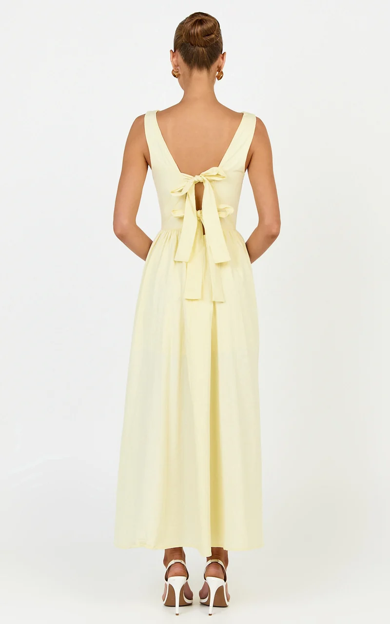 Casina Midi Dress - Boat Neck Tie Back Fit And Flare Dress in Yellow