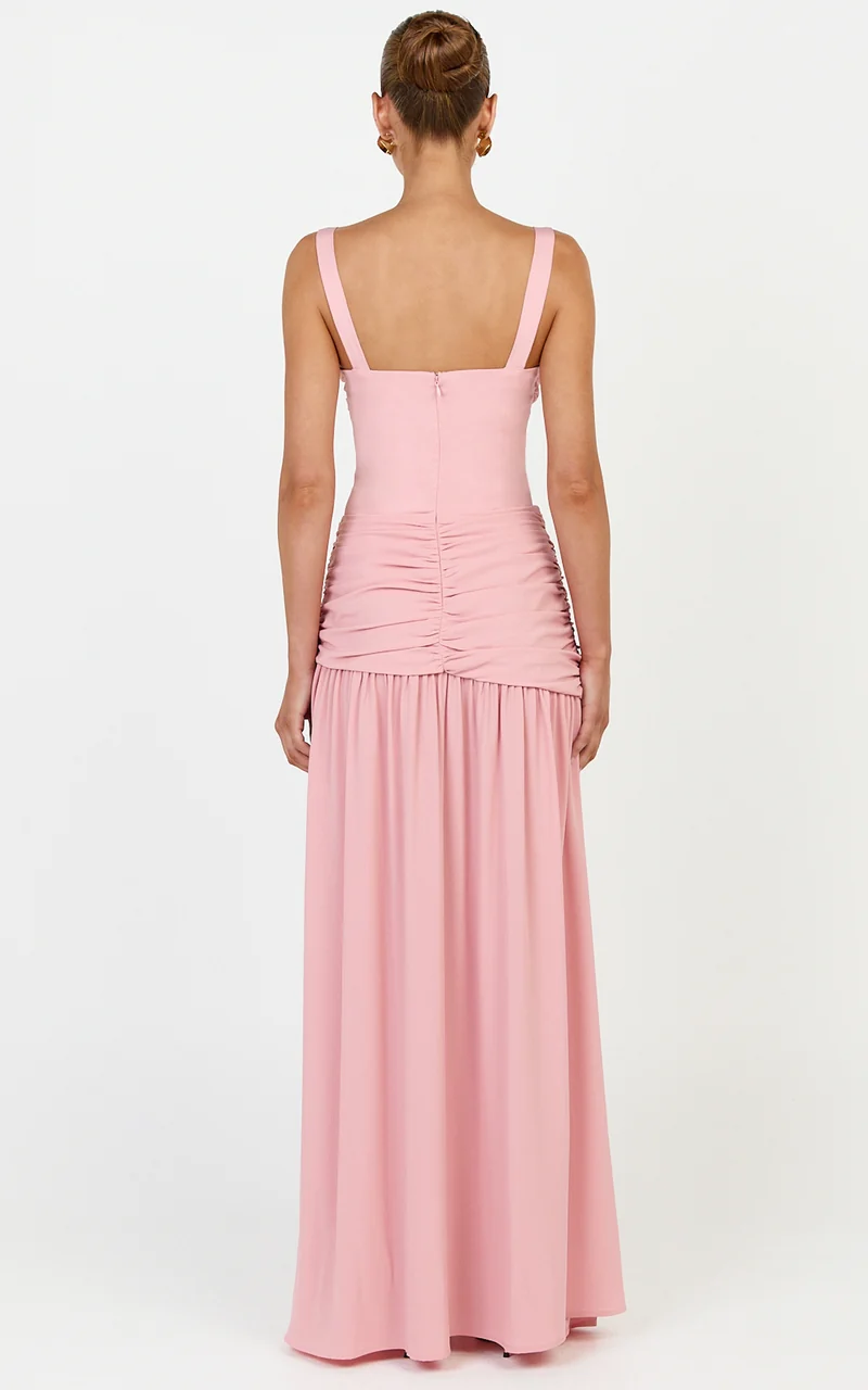 Freya Maxi Dress - Twist Bust Detail Drop Waist Dress in Pink