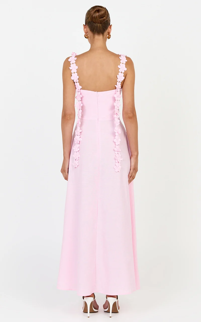 Clementine Midi Dress - 3D Floral Strap Dress in Pink
