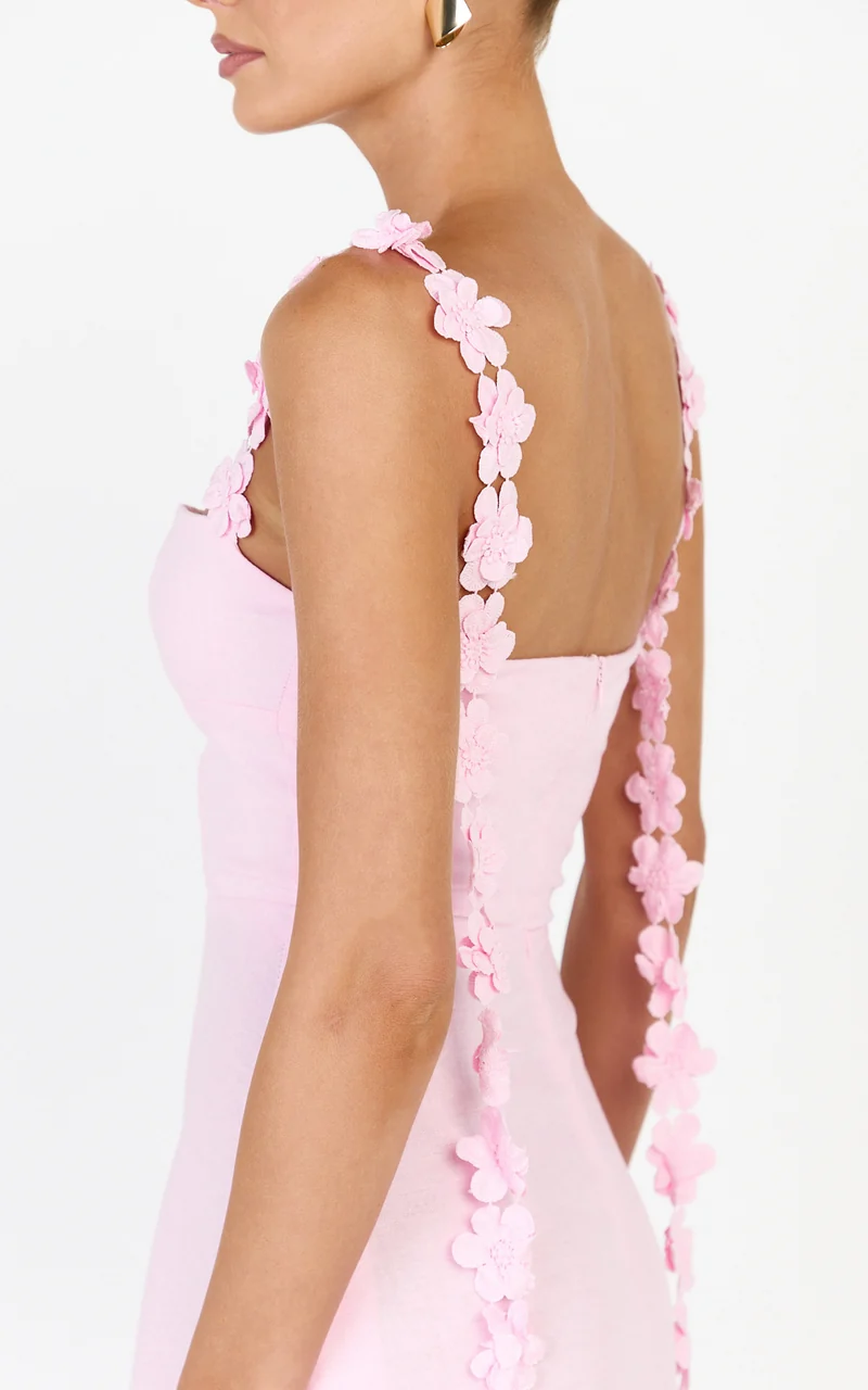 Clementine Midi Dress - 3D Floral Strap Dress in Pink