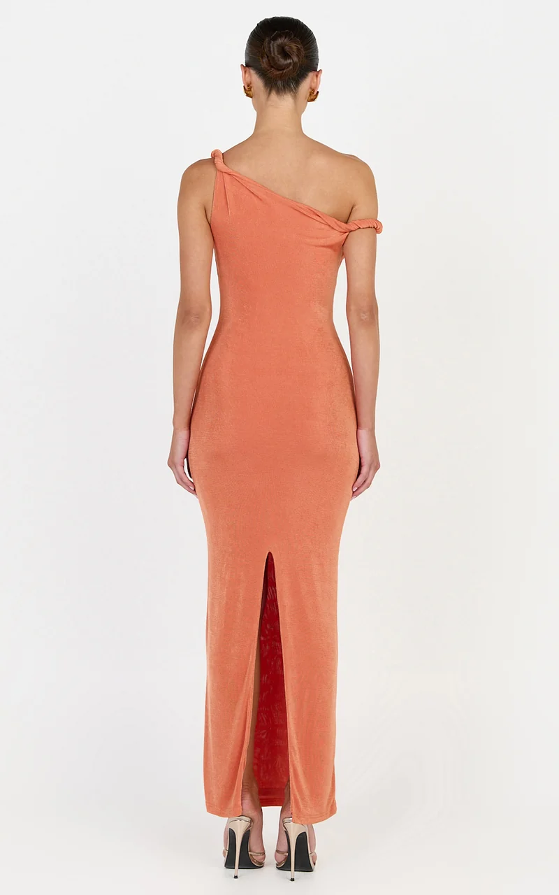 Isabel Midi Dress - Twist Off Shoulder Bodycon Dress in Coral