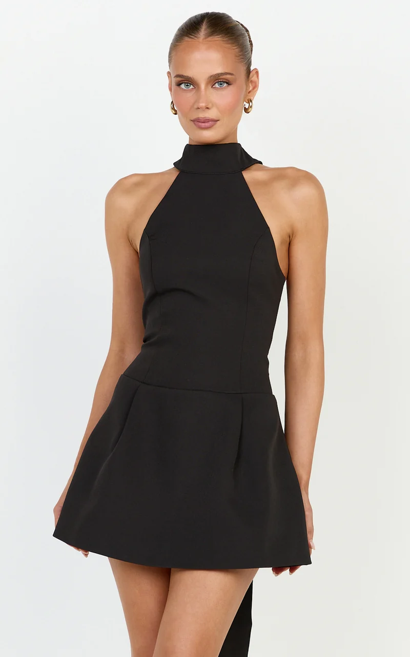 Helia Mini Dress - High Halter Neck Scarf Detail A Line Dress in Black