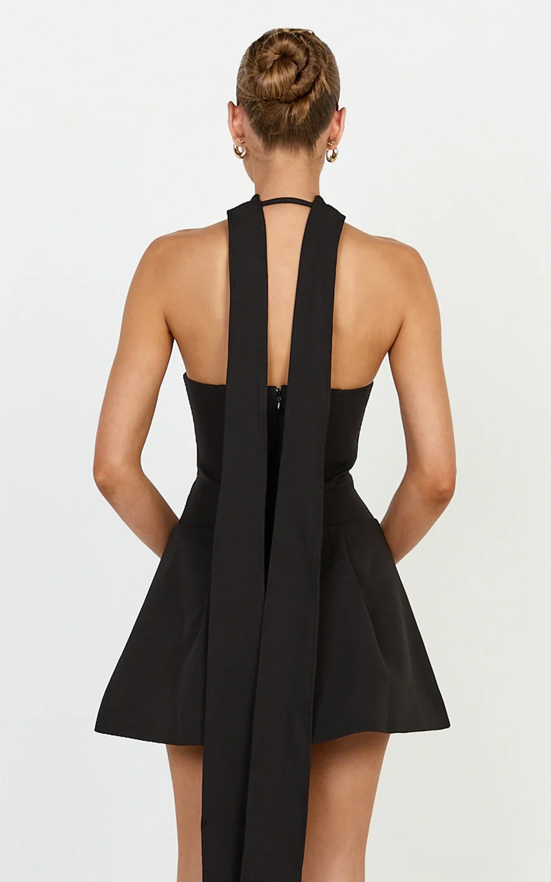 Helia Mini Dress - High Halter Neck Scarf Detail A Line Dress in Black