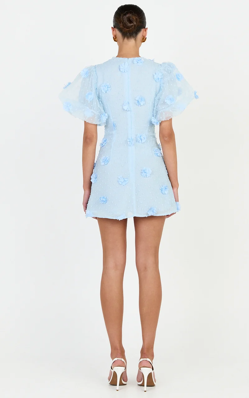 Azalea Mini Dress - Puff Sleeve 3D Floral A Line Dress in Blue