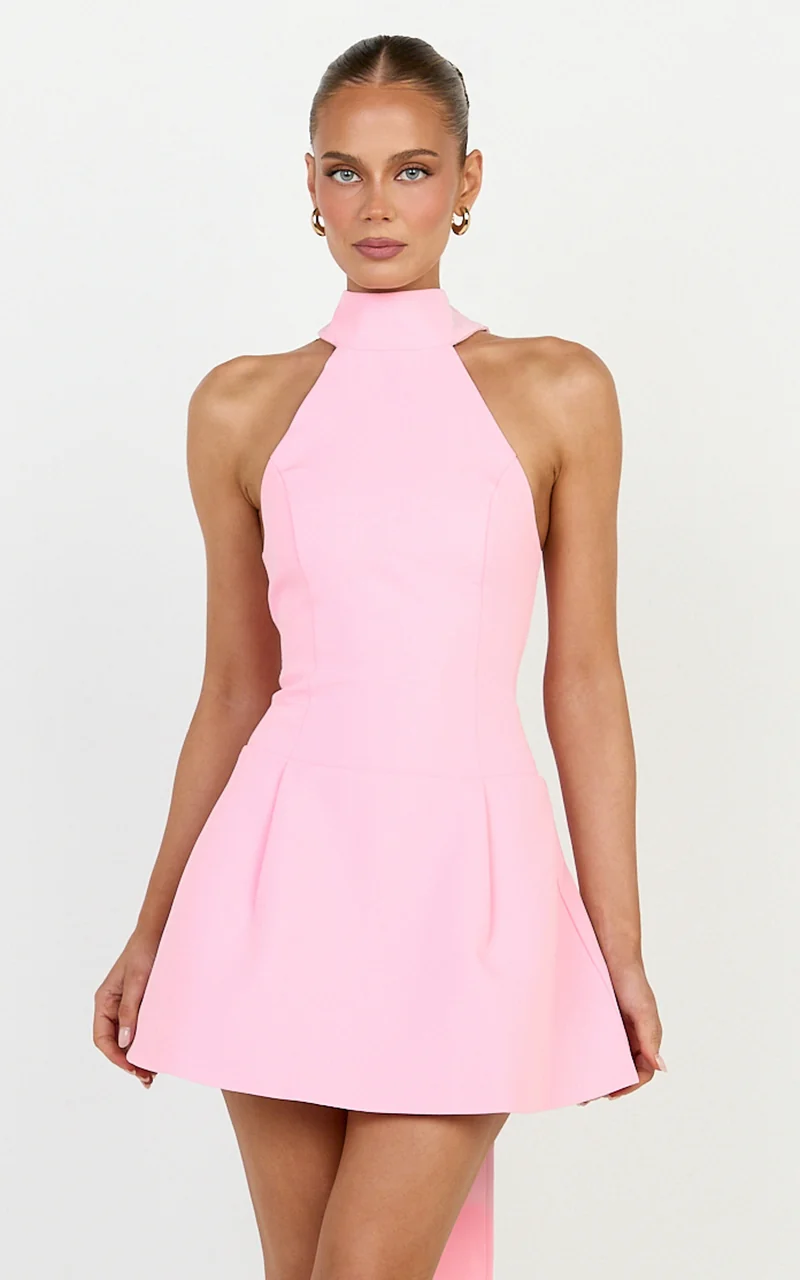 Helia Mini Dress - High Halter Neck Scarf Detail A Line Dress in Pink