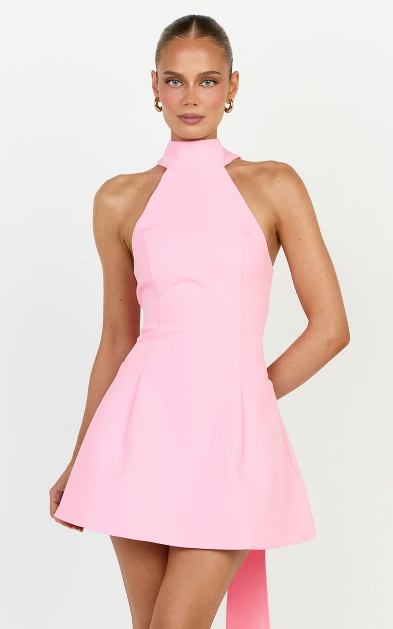 Helia Mini Dress - High Halter Neck Scarf Detail A Line Dress in Pink