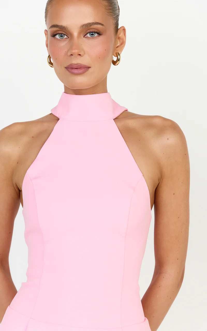 Helia Mini Dress - High Halter Neck Scarf Detail A Line Dress in Pink