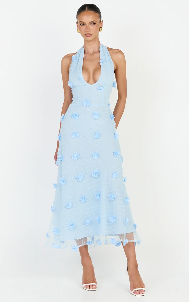 Azalea Midi Dress - Halter Neck 3D Floral Fit And Flare Dress in Blue