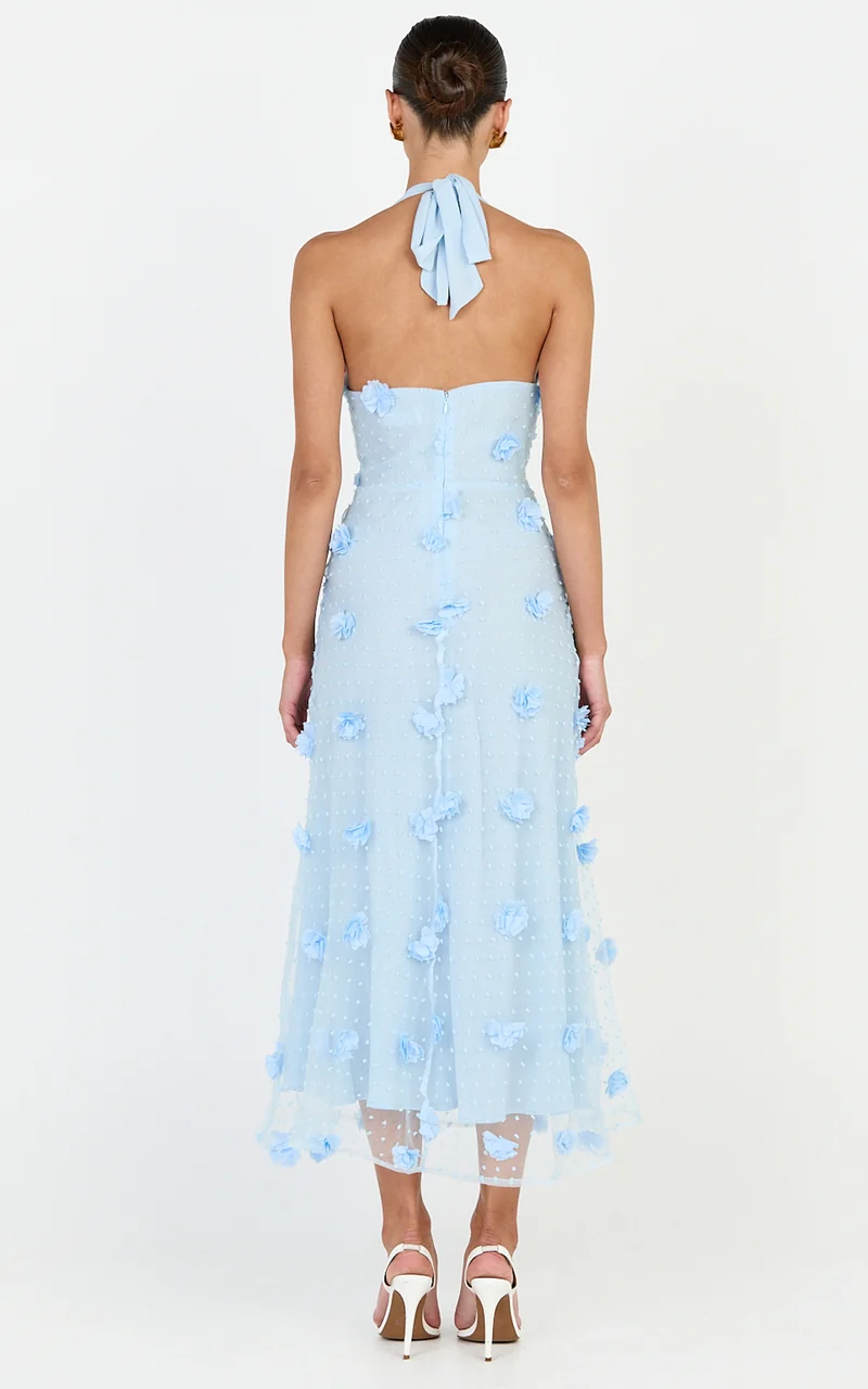 Azalea Midi Dress - Halter Neck 3D Floral Fit And Flare Dress in Blue
