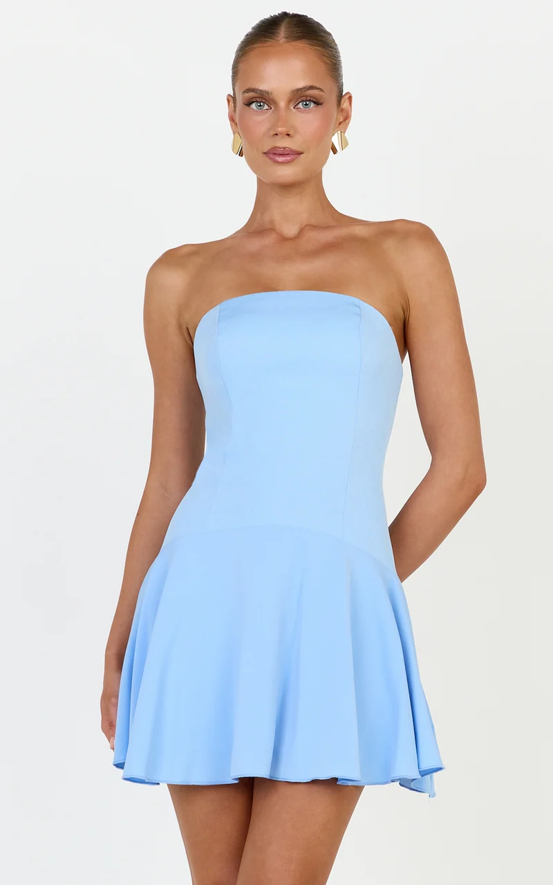 Poppy Mini Dress - Contrast Skirt Strapless Dress in Blue