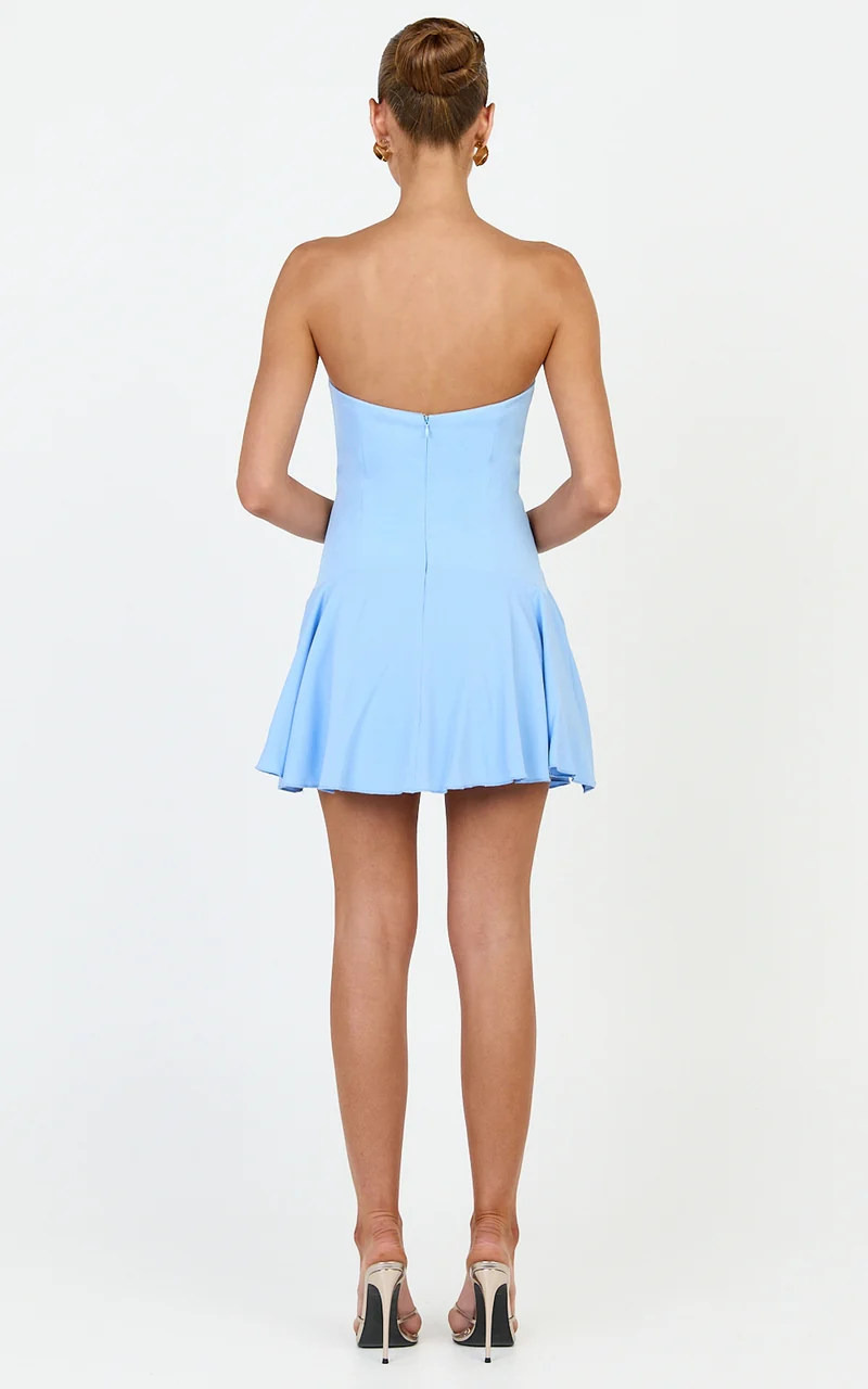 Poppy Mini Dress - Contrast Skirt Strapless Dress in Blue