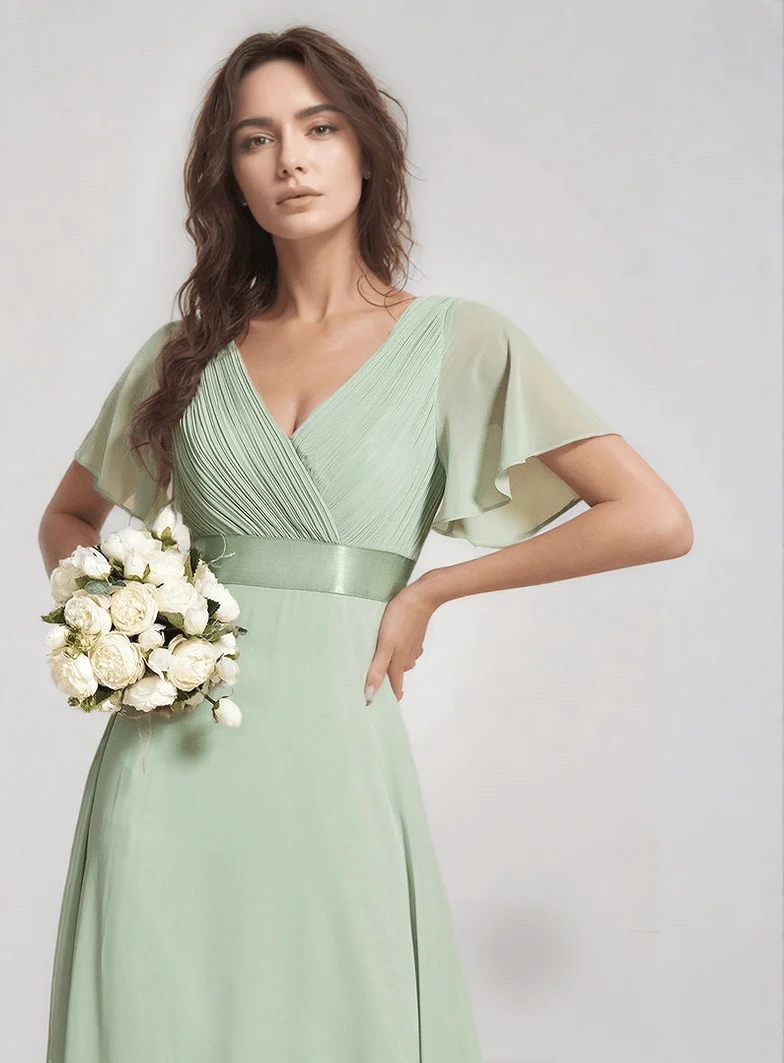 Robe demoiselle d'honneur vert sauge longue fluide