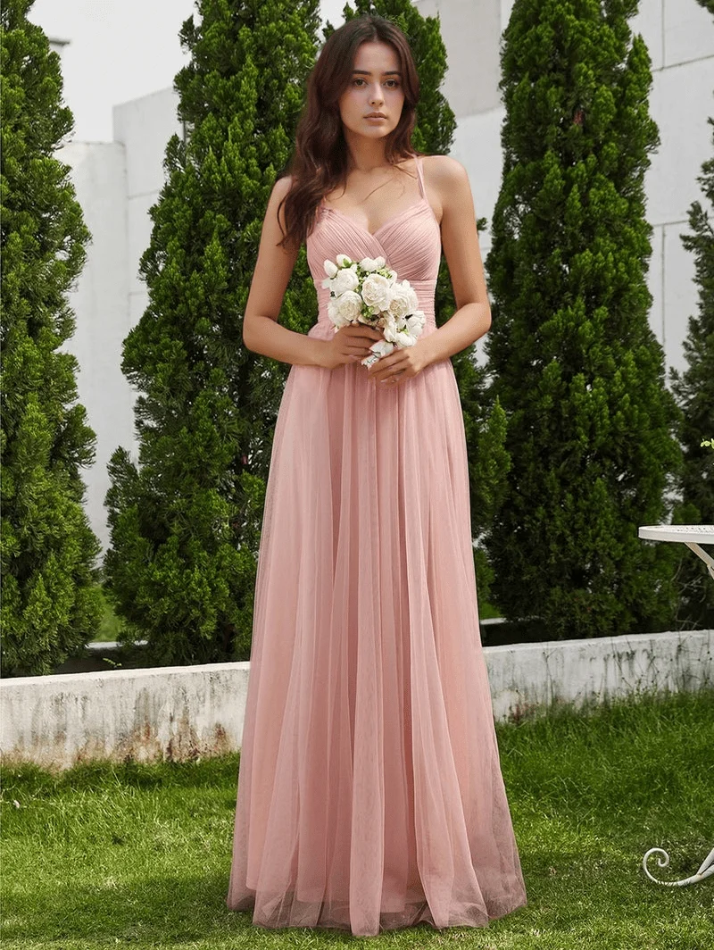 Robe demoiselle d'honneur rose poudré dos en dentelle