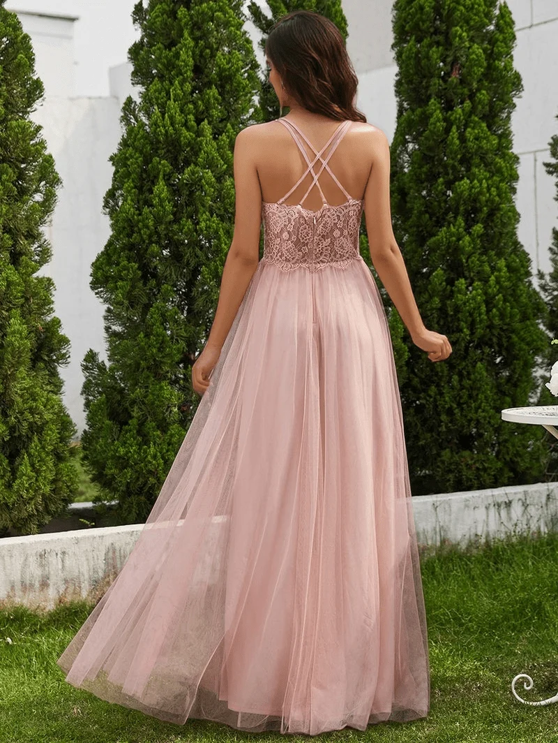 Robe demoiselle d'honneur rose poudré dos en dentelle