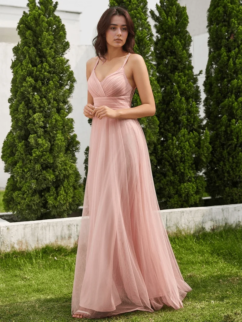 Robe demoiselle d'honneur rose poudré dos en dentelle