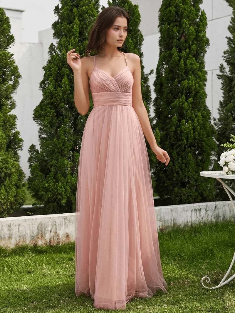 Robe demoiselle d'honneur rose poudré dos en dentelle