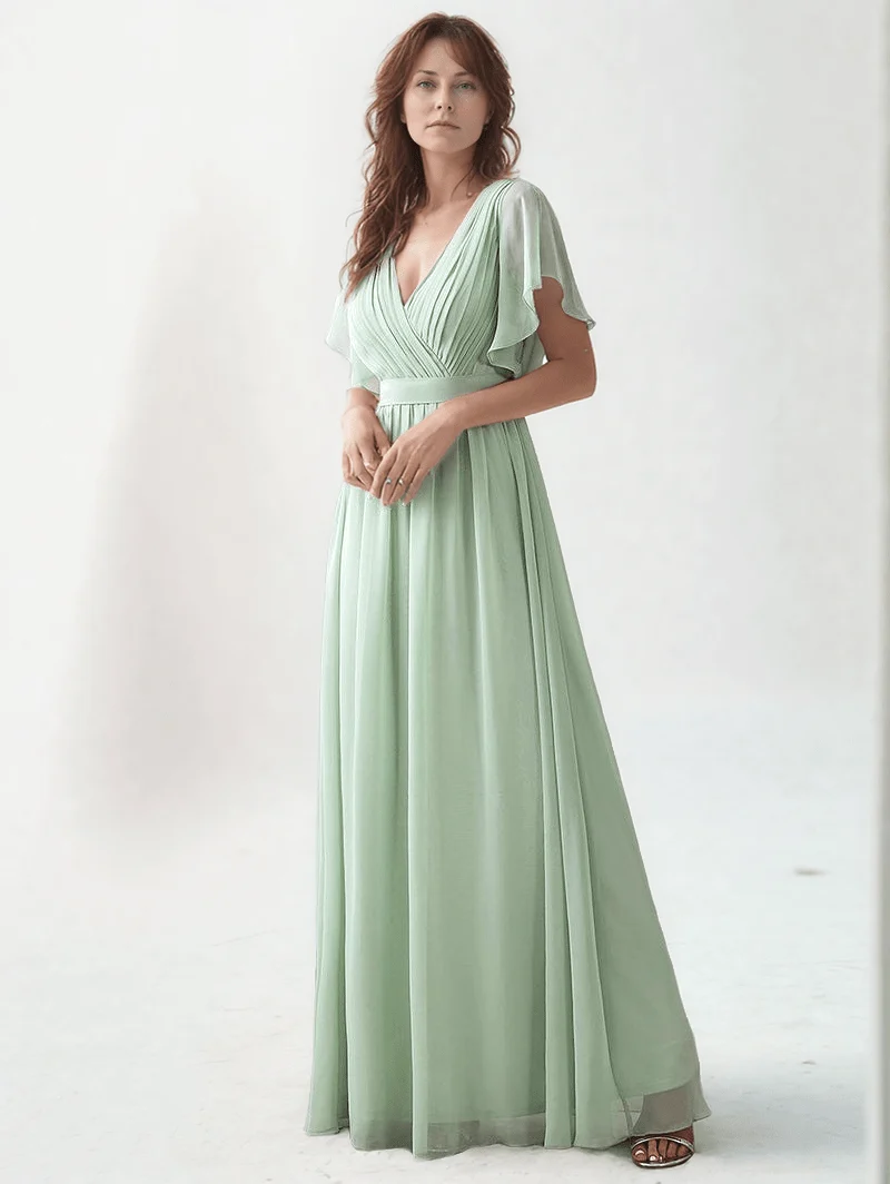 Robe demoiselle d'honneur vert sauge manches à volants