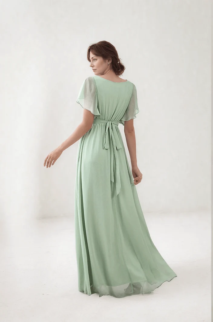 Robe demoiselle d'honneur vert sauge manches à volants