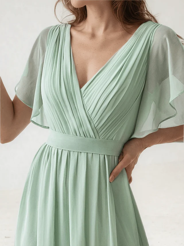 Robe demoiselle d'honneur vert sauge manches à volants