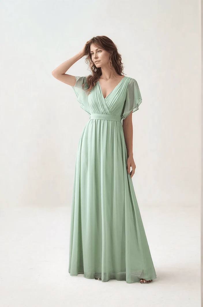 Robe demoiselle d'honneur vert sauge manches à volants