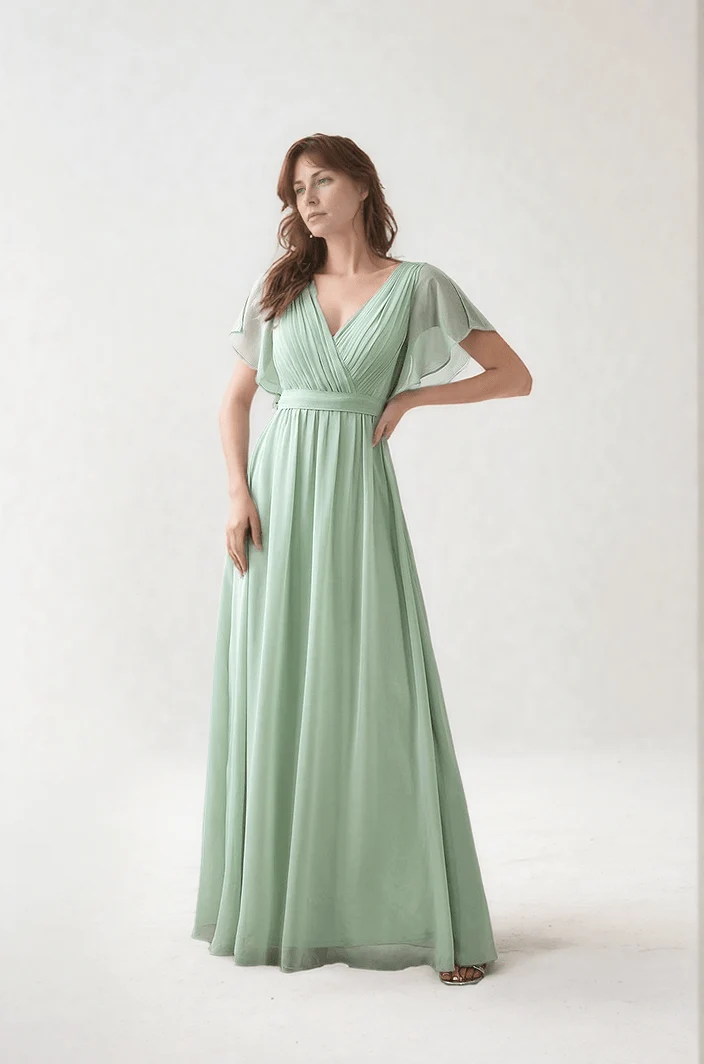 Robe demoiselle d'honneur vert sauge manches à volants