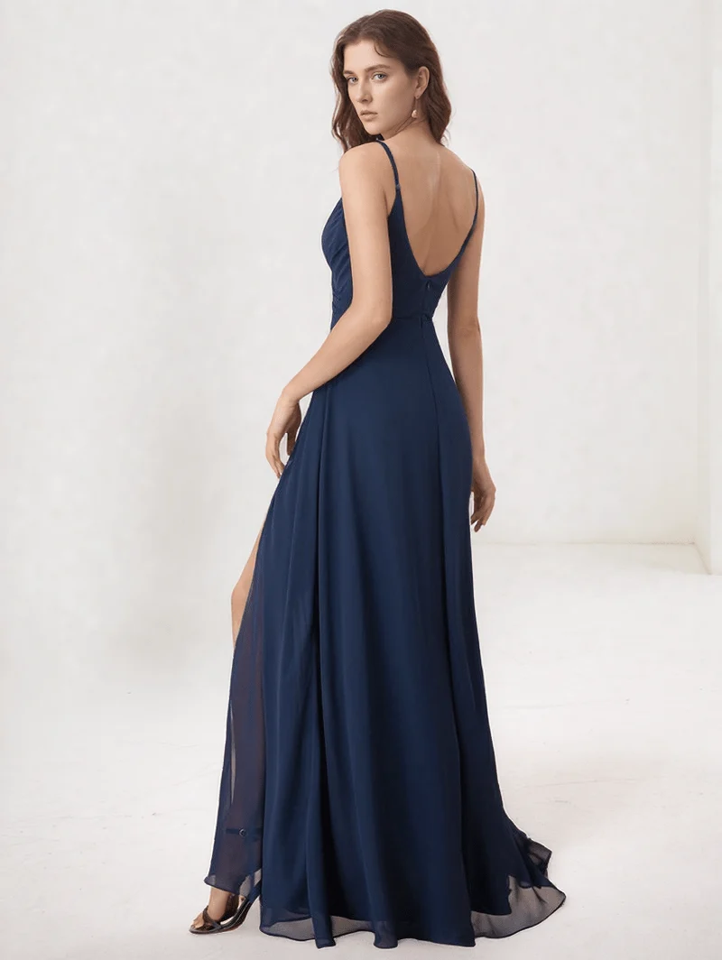 Robe pour invitée au mariage bleue marine longue à bretelles