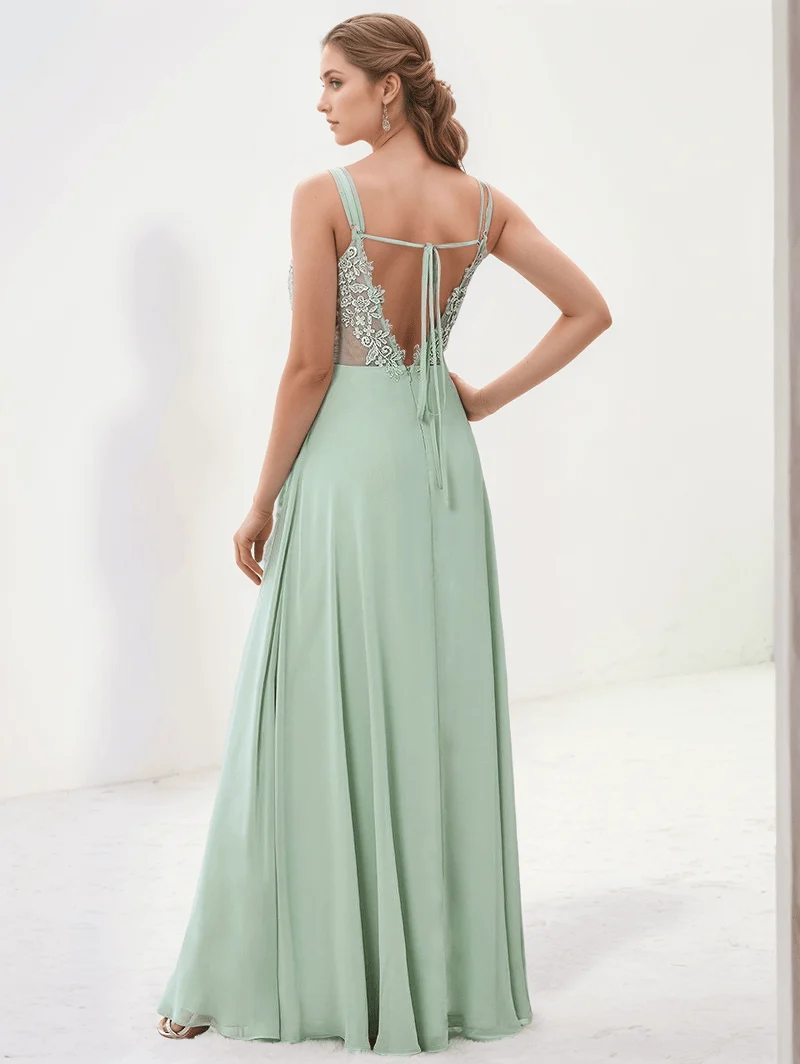 Robe demoiselle d'honneur vert sauge à bretelles